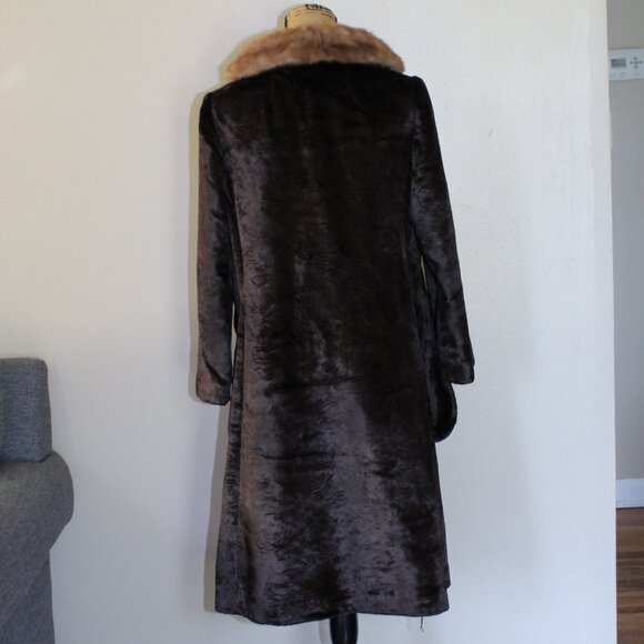 Vintage 60s Chocolate Brown Faux Fur Mink Collar 3/4 Sleeve Coat Women's M - Picture 3 of 16